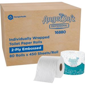 Angel Soft Professional Series by Georgia-Pacific PRO 2-Ply Embossed Toilet Paper, White, Individually Wrapped, 450 Sheets Per Roll, 80 Toilet Tissue Rolls Per Case, 16880(450 Count (Pack of 80))